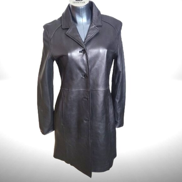 Kenneth Cole Reaction Black 100% Leather Coat – Size M – Tailored Long Jacket - Picture 2 of 11